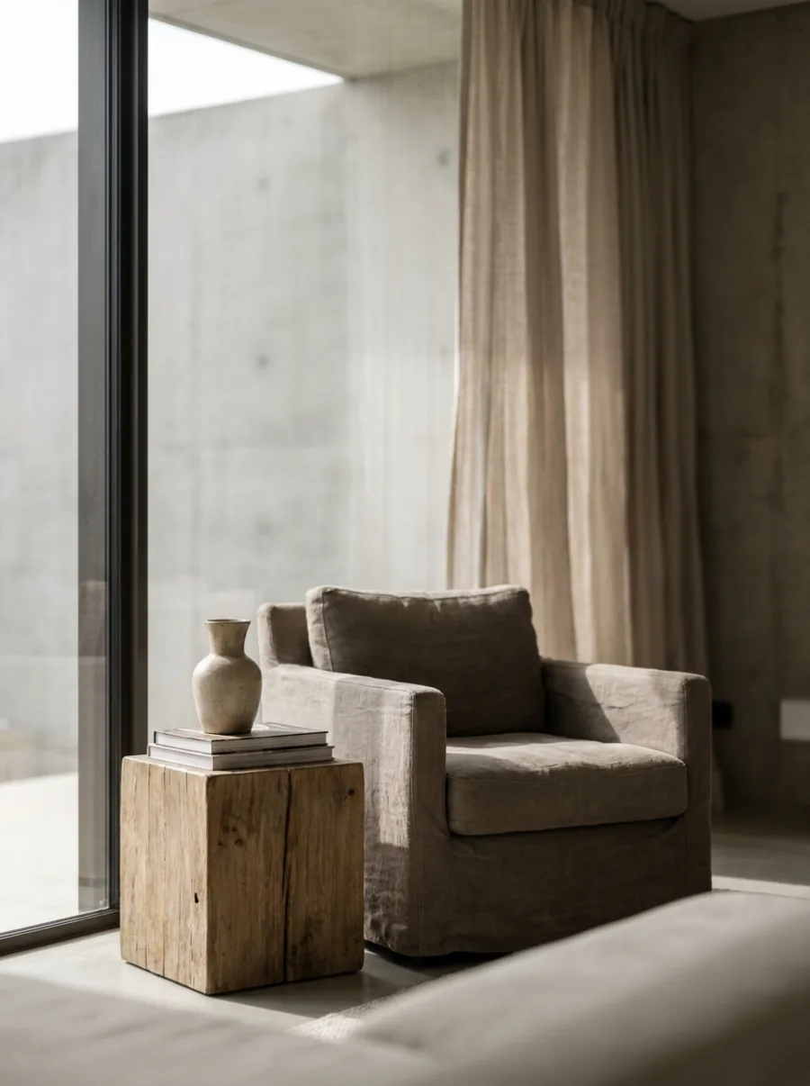 Minimalistische ruimte met betonnen wanden en een linnen fauteuil